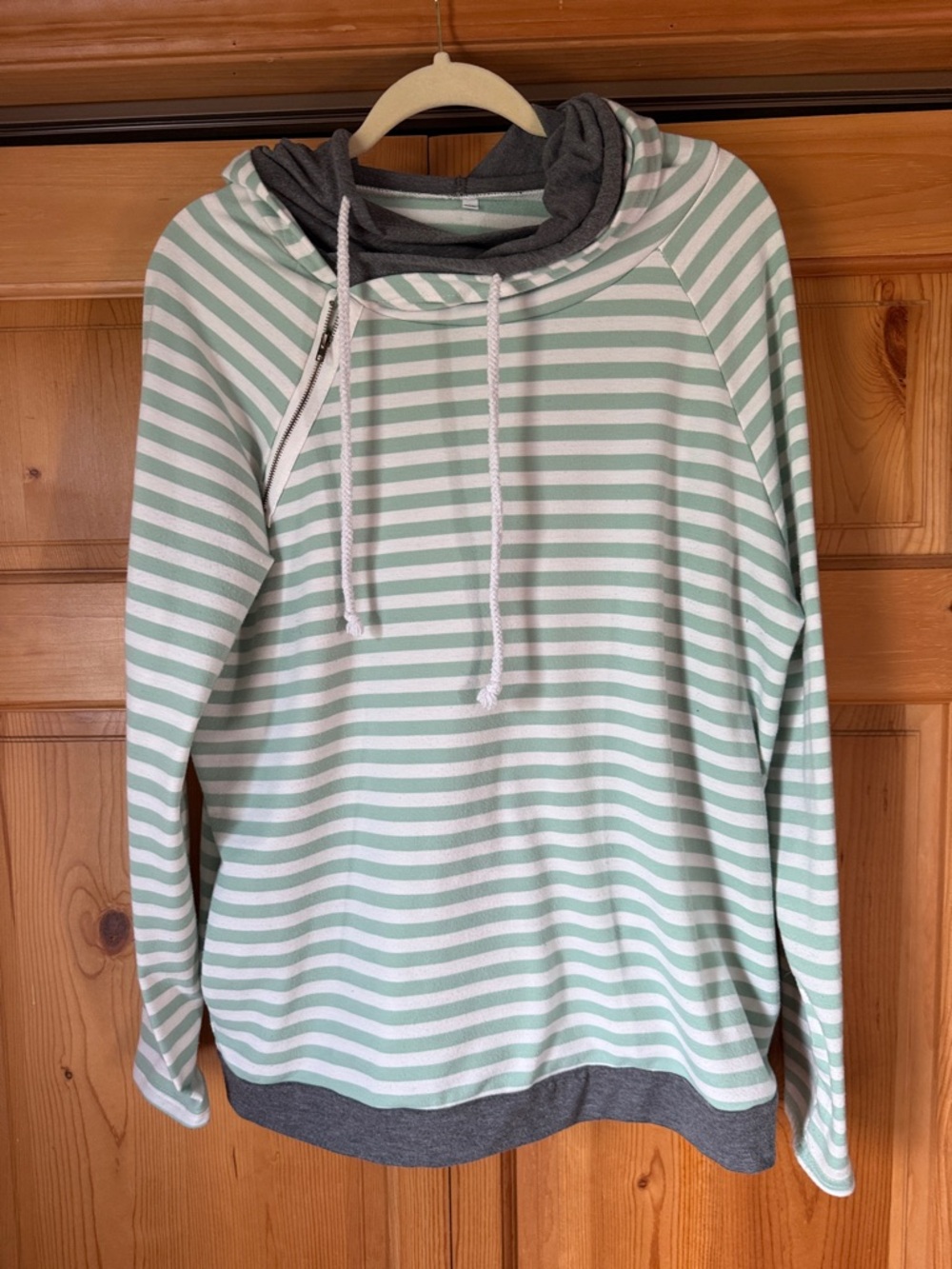 Striped Mint & White Hoodie with Gray Trim
